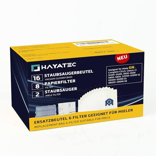 HAYATEC 16 Staubsaugerbeutel + 2 HEPA Filter kompatibel mit Miele S8340, Classic C1, Compact C1 C2, Complete C2 C3, S 4000–8000 Serie Ersatz für Miele Staubsaugerbeutel & Filter - inkl. 8 Papierfilter