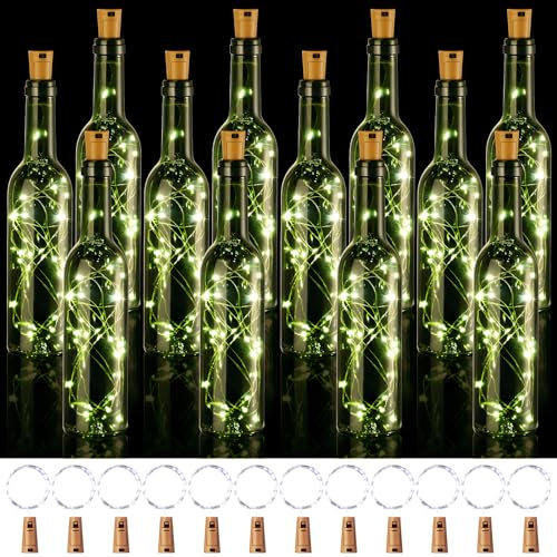 Rtteri 24 Pcs Wine Bottle Lights with Cork, 12 Empty Wine Bottles and 12 Pcs 9.84 ft 30 LED Waterproof Battery Operated Cork Lights for Wedding Party Decorations (Dark Green Bottle,10 x 2.4 Inch)