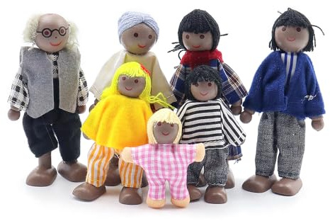 Sarini Set für Puppenhaus-Menschen, 7-köpfige Familie aus Holz, kleine Puppen für Mädchen, schönes Spielset mit glücklichen Familienpuppen, Puppenhaus