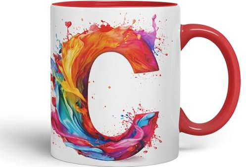 Vixar Letter C Mug, Alphabet Letter C Monogram Watercolour Ceramic Coloured Mug Cup for Tea Coffee Hot Brew 330ml 11Oz Gift (Red)