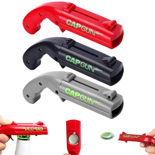 3 Pcs Cap Gun Bottle Opener,Beer Bottle Opener Cap Gun,Funny Launcher Shooter Bottle Openers with 2 Mini Bottle Opener Keyring for Family Parties, Outdoor BBQs, Christmas Gifts (Gray+Red+Black)