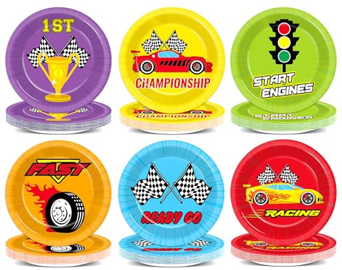 CHUNNIN 60pc Race Car Party Paper Plates - 7in Sports Dessert Plates for Baby Shower, Boys Birthday Racing Themed Party Supplies