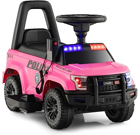 COSTWAY Polizei Elektroauto für Kinder, 6V Elektrisches Kinderauto mit Stauraum & Megafon & Warnlicht & Hupe & Fußpedalen, Elektro Auto für Kinder ab 18 Monaten (Rosa)