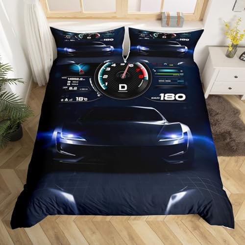 Homewish Boys Race Car Double Bedding Set, Cool Speed Racing Car Duvet Cover Set Kids Extreme Sport Bedding Set for Adults, Black Dark Blue Automobile Bedding & Linen, 2 Pillowcases