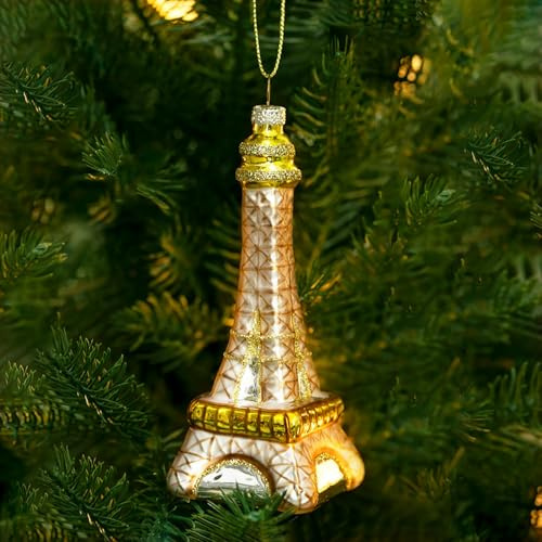 Amanman Glas Weihnachtsschmuck 2024, Eiffelturm Weihnachtsschmuck Geblasenes Glas Ornamente für Weihnachtsbaumschmuck (Braun)