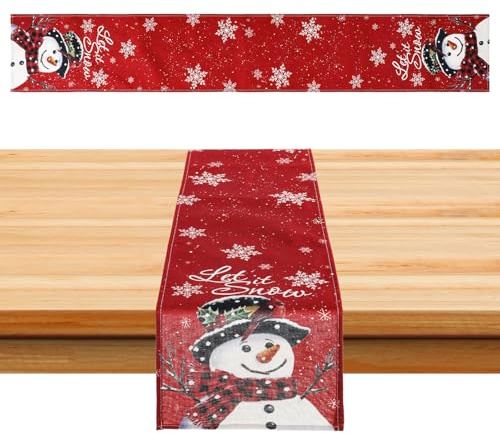 Tischläufer Weihnachten Tischdeko,Mode Schneemann Weihnachts Tischläufer Rot,Schneeflocke Tischläufer,Winter Küche Tisch Dekoration,Weihnachtstischdecke Läufer für Winter Weihnachten(33x180cm)