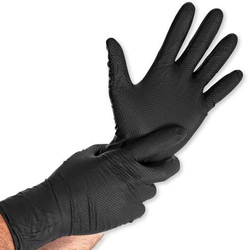 FRANZ MENSCH 50 Stück Nitrilhandschuhe Power Grip Long Extra | puderfrei, Packung, schwarz, 12/XXXL, L: 30cm, Einmalhandschuhe, Gastronomiehandschuhe, Industriehandschuhe, Montagehandschuhe