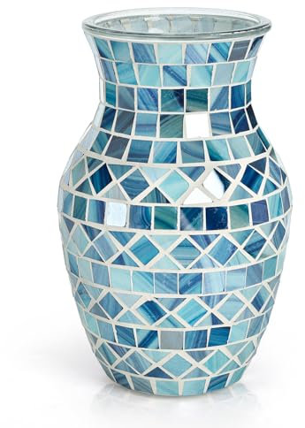 SOUJOY Mosaic Vase, Glass Blue Flower Vases for Centerpieces, Handmade Bud Vase for Wedding Flower Arrangeme, Living Room, Kitchen, Home Decor