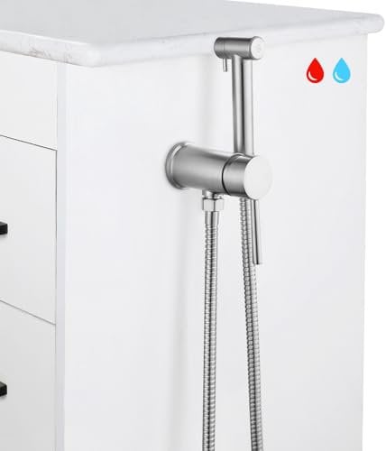 Handhaltbares Edelstahl Bidet mit Nickel Mattfinish inklusive Kalt Warmwasser Funktion sowie G1/2 Zoll und G3/8 Zoll Toilettenventil zur seitlichen Montage am Badezimmerschrank,muslimische Dusche