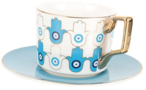 Homoyoyo Kaffeetasse Mit Untertasse Aus Keramik - 300ml - Elegantes Design Mit Bösem Blick Nazar Augen Ideal Für Kaffee Tee Oder Cappuccino Perfekt Für Zuhause Und Büro Tischdeko