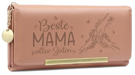 Joyforisa Personalisierte Geldbörse Damen mit Hand-in-Hand Motiv – Rosa Portmonee mit Namen von Kindern Geschenk für Mama zum Muttertag Geburtstag Damen Geldbörse PU Leder (3 Namen)