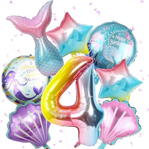 ParPix 8 Stück Luftballon 4 Jahre Meerjungfrau Geburtstag Deko, XXL Folienballon 4. Geburtstag Mädchen, Meerjungfrau Geburtstagsdeko Mädchen 4 Jahre, Helium Ballon 4 Meerjungfrau Kindergeburtstag