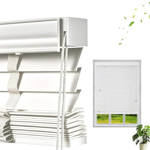 Store Occultant Fenetre Bois Exterieur, Stores Venitien Interieur Lamelle 50 mm, Store Thermique Isolant Brise Vue Impermeable avec Rail de Guidage pour Cuisine Chambre Salle de Bain(White)
