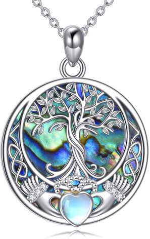 YAFEINI Baum des Lebens Kette 925 Sterling Silber Mondstein Keltischer Knoten Pentagramm Anhänger Halskette für Damen Schmuck
