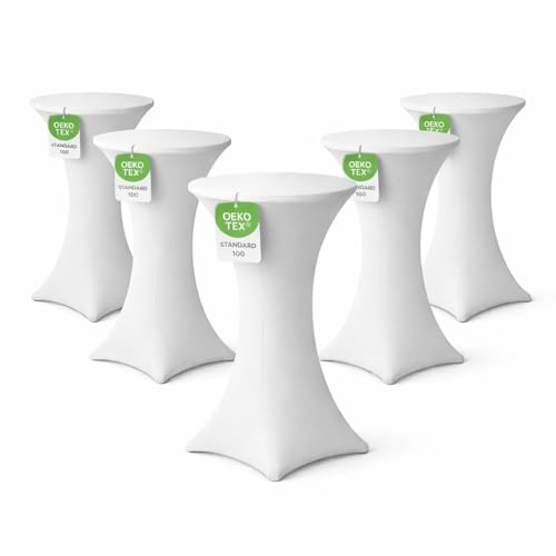 EXKLUSIV HEIMTEXTIL Stehtischhusse für Bistrotisch mit 4 verstärkten Fußlaschen elastisch Stretch OEKO-TEX zertifiziert Ø 80-85x110-120 cm Weiss (5 Stück)