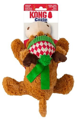 KONG Cozie Winter Rentier - Plüsch Hundespielzeug mit Wintermütze - Weiches Kuschelspielzeug mit Extra Schicht für Haltbarkeit, sanftes Kauen & Spielen im Innenbereich