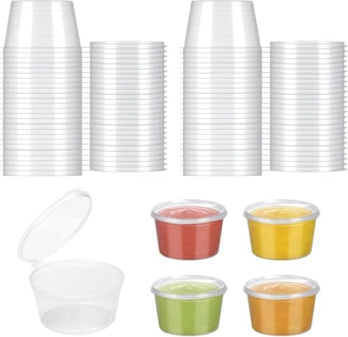 Miayical 50 Stück Plastikbecher mit Deckel 50ml – Auslaufsichere PP-Aufbewahrungsdosen für Saucen, Dips & Gewürze | Lebensmittelecht, Mikrowellen- & Kühlschrankgeeignet, Wiederverwendbar