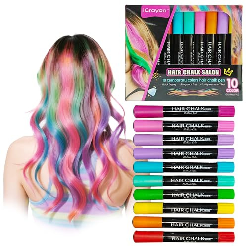 10 Colors Dustless Hair Chalk for Kids, Washable Temporary Hair Color Pens, Easy to Apply & Wash Out, Kid-Safe Non-Toxic, Fun Gifts for Girls & Teens, Parties, Dress Up & Creative Play