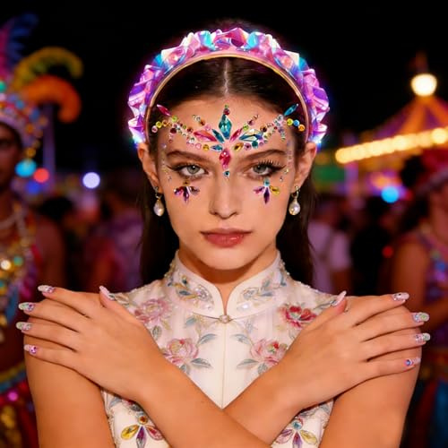 Leuchtendes Kronen Stirnband,Leuchtendes Stirnband,Led Haarreif Haarteil Inklusive Gesichts und Nagelstickern,Leuchtende Kostüm Haarreif Party Rave Haarschmuck für Party, Nachtclub, Rave, Haarschmuck
