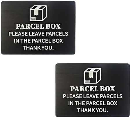 2 PCS Parcel Box Sign, Self Adhesive Parcel Boxes Sticker Waterproof, Please Leave Parcels Here Signs Stainless Steel Metal Sign, for House Office Door Text Box(Black,14x10 cm)