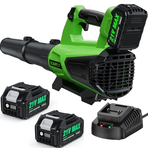 SOARFLY Soffiatore per Foglie a Batteria con 2 Batterie da 4,0Ah e Caricabatterie, Motore 21V da 19000 giri/min, 257 km/h / 985 m³/h, Velocità Regolabile, Leggero per Giardino, Terrazza e Vialetto