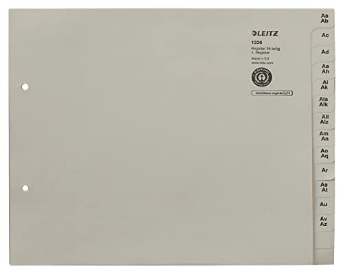 Leitz Register, Trennblätter mit Taben und alphabetischem Aufdruck A-Z für 36 Ordner, Halbe Höhe und Überbreite, Grau, 100% recyceltes Papier, Blauer Engel Siegel, 13360085