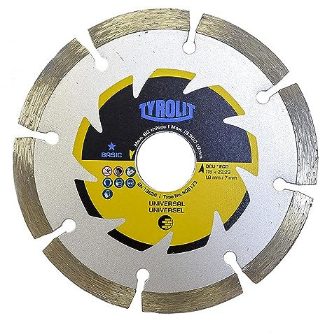 TYROLIT 115mm Dry Cutting Diamond Blade, Segmented Stone and Tile Cutting Disc for Angle Grinders, Universal Applications for Concrete, Masonry and Bricks - 115 x 2 x 22.23 mm