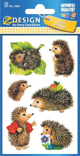 AVERY Zweckform 4306 Kinder Papier-Sticker Igel 18 Aufkleber (für Jungen, Mädchen und Erwachsene, Gastgeschenk, Kindergeburtstag, Mitgebsel, Schatzsuche, zum Spielen, Sammeln, Basteln, Verschenken)