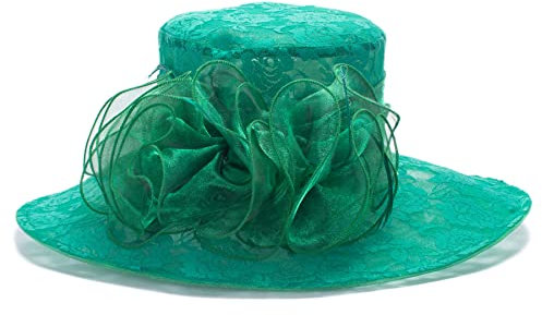 Lawliet Organza-Sonnenhut für Damen, Kirche, Hochzeit, Anlass, Hut mit breiter Krempe, Federhut, grün, Einheitsgröße