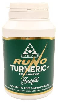 Bio-Health Runo Turmeric+ Food Supplement with Black Pepper to Enhance Curcumin Absorbtion, Supports Joint Health and Flexibility and Genreal Health, Suitable for Vegans and Vegetarians, 120 Capsules
