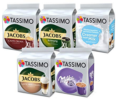 TASSIMO Creamy- Kaffee Paket Jacobs Krönung Crema Milka 5 Packungen 64 Portionen