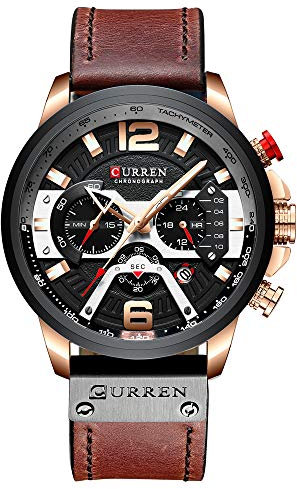 CURREN Herren-Armbanduhr, Quarz, analog, Kalender, Armbanduhr für Herren, modisch, wasserdicht, mit Lederarmband, Braun, Chronograph, Quarz-Uhrwerk