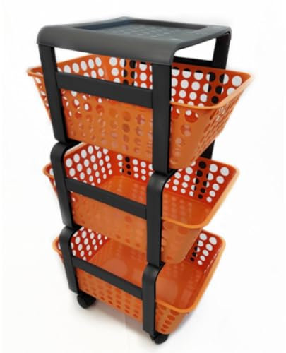 Ecoplast | Carrello con Ruote Portatutto Modula, Carrello Portaoggetti a Tre Piani, Portata Massima 9 kg, Mandarino, 41,5x29x75, Made in Italy
