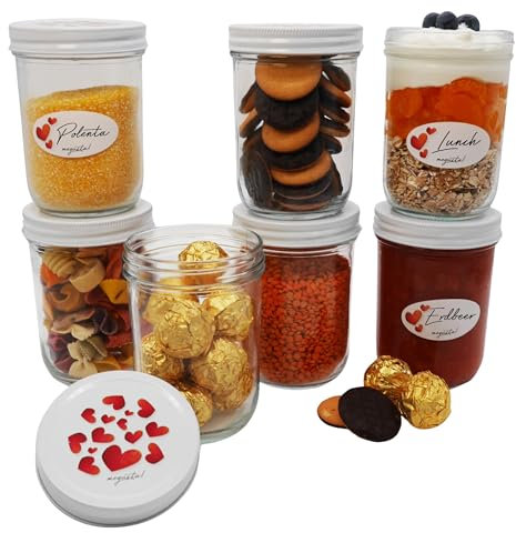 megusta!® 6 Einmachgläser 480 ml | Herzdeckel | Marmeladengläser Vorratsgläser Mason Jars | Mealprep + Fermentieren | Backen + Einfrieren | + 12 Sticker