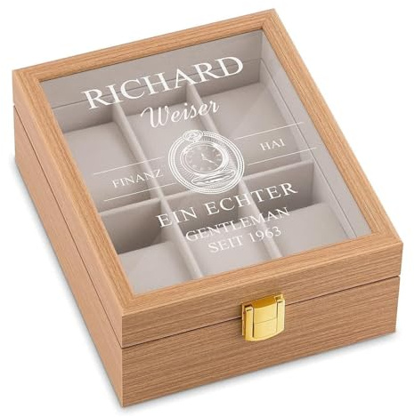 Maverton Uhrenbox mit Gravur für 6 Uhren, Jewelkeeper Hellbraun | Uhrenschachtel, 20x16,5x8cm, Uhrenaufbewahrungsbox aus Holz, personalisiert, Geschenk zum Geburtstag für Männer