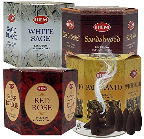 TRUMIRI Cônes d'encens – Assortiment de 4 parfums (sauge blanche, palo santo, bois de santal, rose rouge) – 160 cônes (4 lots de 40) – Encens aromatiques pour cascade et tapis