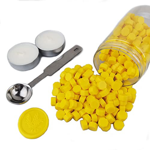 Siegelwachsperlen, AMTOL 300 Stück Wachssiegelperlen mit 2 Stück weißen Kerzen und 1 Stück Wachsschmelzlöffel, ideal für Hochzeitseinladungen, Kartenumschläge, Geschenkverpackungen(Gelb)