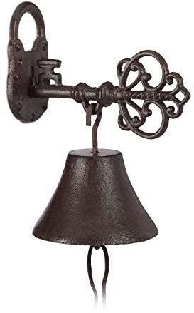 4 x Türglocke aus Gusseisen, Schlüssel und Schloss, Nostalgiecharme, für Haus und Garten, Landhausstil, Rostbraun