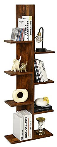 CASART Tree-Shaped Bookshelf, Anti-Tipping 8/13-Tier Bookcase with Side Buffer, Industrial Floor Standing Display Shelf Organizer for Office, Living Room & Balcony (Brown, 8 Tier- 50 x 20 x 141cm)