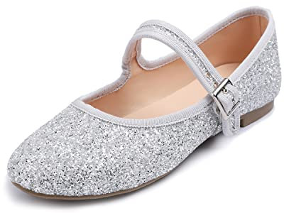 Feversole Women's Soft Breathable Mary Jane Memory Foam Cushioned Comfort Round Toe Metal Buckle Flats Walking Shoes Ice Silver Glitter Size UK 6