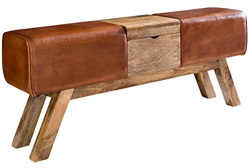 möbelando Design Turnbock Sitzbank Braun Aufbewahrungsfach 120 x 29 x 53 cm | Turnhocker Bank aus Echtleder Klappfach | Hocker Garderobenbank Sitzhocker Springbock Turnbank