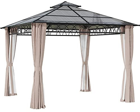 Outsunny 3 x 3 (m) Outdoor Polycarbonate Gazebo, Double Roof Hard Top Gazebo with Galvanised Steel Frame, Nettings & Curtains for Garden, Lawn, Patio and Deck, Khaki