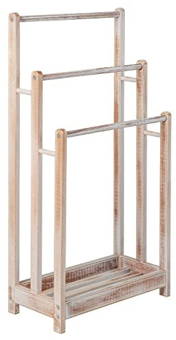 RELAX4LIFE 3-Tier Towel Rack, Freestanding Towel Rail Towel Holder with Bottom Shelf & Anti-Tipping Device, Wooden Towel Drying Bar Stand for Bathroom Hotel Poolside (Washed White)