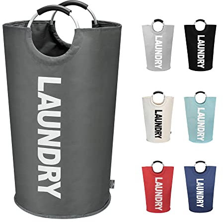 DOKEHOM 90L Large Laundry Basket, Collapsible Laundry Bag, Freestanding Tall Clothes Hamper, Foldable Washing Bin (Dark Grey)