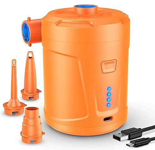 Bomba de Aire Eléctrica, 5200 mAh Batería Recargable, para Piscina Infantil, Mini Bomba de Aire Eléctrica con 3 Boquillas de Aire, Inflador Rápido para Bote Inflable/Colchón de Aire (Naranja Color)