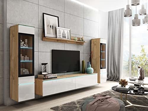 MINIO go for it - Wohnwand 4-Teilig Set Veve 2 I Hängend oder Stehend I 2X Hochschrank-Vitrine I Lowboard I Wandboard I Laminierte Spannplatte I Wotan Eiche und Weiß Gloss - LED Beleuchtung