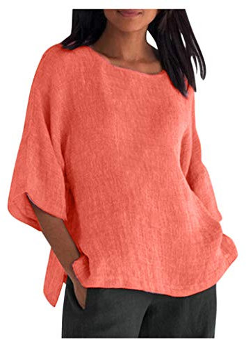 Susenstone Chemisier en Coton et Lin à Manches 3/4 pour Femme Blouses Ample à Col Rond Tunique D'été Automne de Couleur Unie Top Hauts LâChe Et Respirant T-Shirts Grande Taille Pas Cher