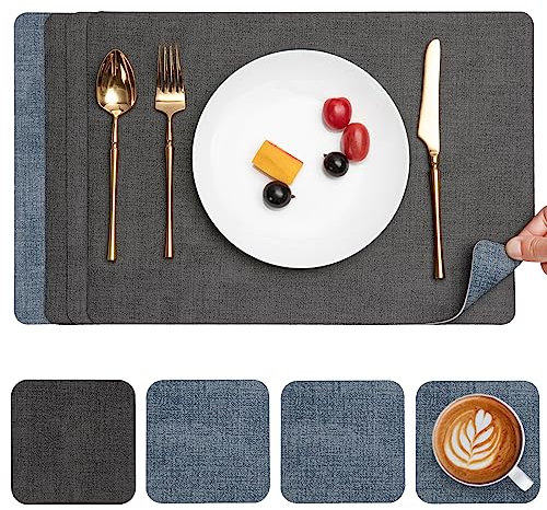 Myir JUN Placemats and Coasters Set of 4, Place Mats Dual Sided Faux Leather Table Mats PU Indoor Outdoor Heat Resistant Placemat Square Non Slip Wipeable Washable Dining Restaurant (Grey Light Blue)