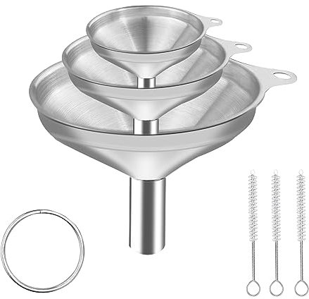 Nutabevr 3 Stück Edelstahl Trichter Set, Stapelbarer Kleiner Trichter Mit Griff, Küche Strainer Trichter mit 3 Reinigungsbürste mit Griff, geeignet zum Umfüllen von Flüssigkeiten und Pulvern