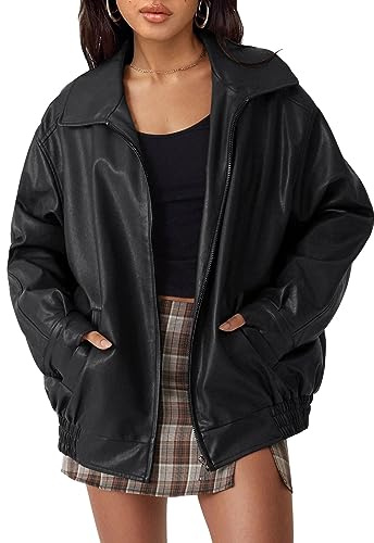 AUTOMET Women's Oversized Faux Leather Jacket - Fall Motorcycle Style Coat with Zipper Closure Black L